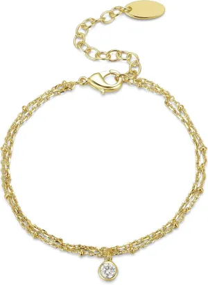 MING&KELLY JEWELRY,14K Gold Plated Beaded Cubic Zirconia Simulated Diamond Station Infinity Chain Bracelets for Women, Double Chain Bracelet,Adjustable Chain Bracelet