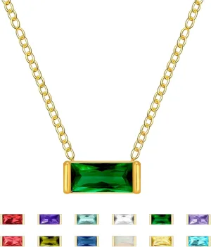 MISS RIGHT Dainty Emerald Cut Diamond Birthstone Necklace 18K Gold Plated for Women Trendy, Cute Baguette Cubic Zirconia Crystal Pendant Necklaces Birthday Gifts