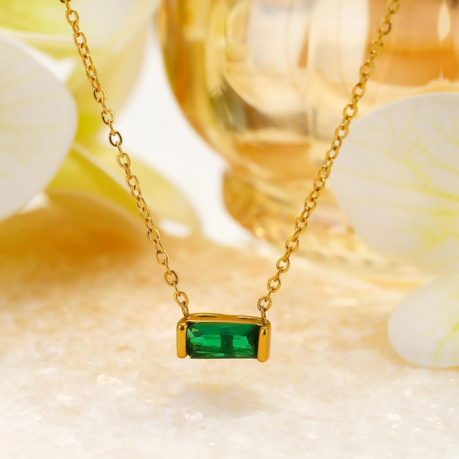 MISS RIGHT Dainty Emerald Cut Diamond Birthstone Necklace 18K Gold Plated for Women Trendy, Cute Baguette Cubic Zirconia Crystal Pendant Necklaces Birthday Gifts