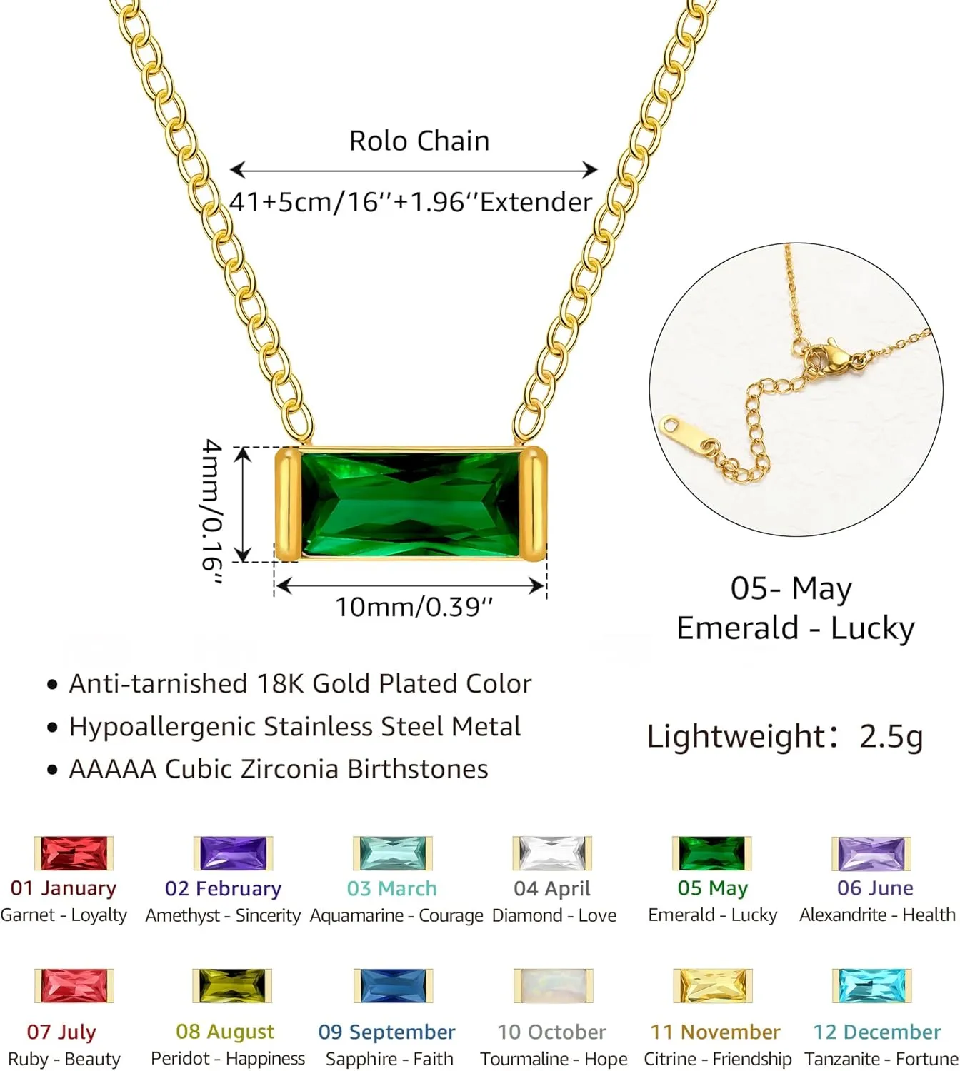 MISS RIGHT Dainty Emerald Cut Diamond Birthstone Necklace 18K Gold Plated for Women Trendy, Cute Baguette Cubic Zirconia Crystal Pendant Necklaces Birthday Gifts