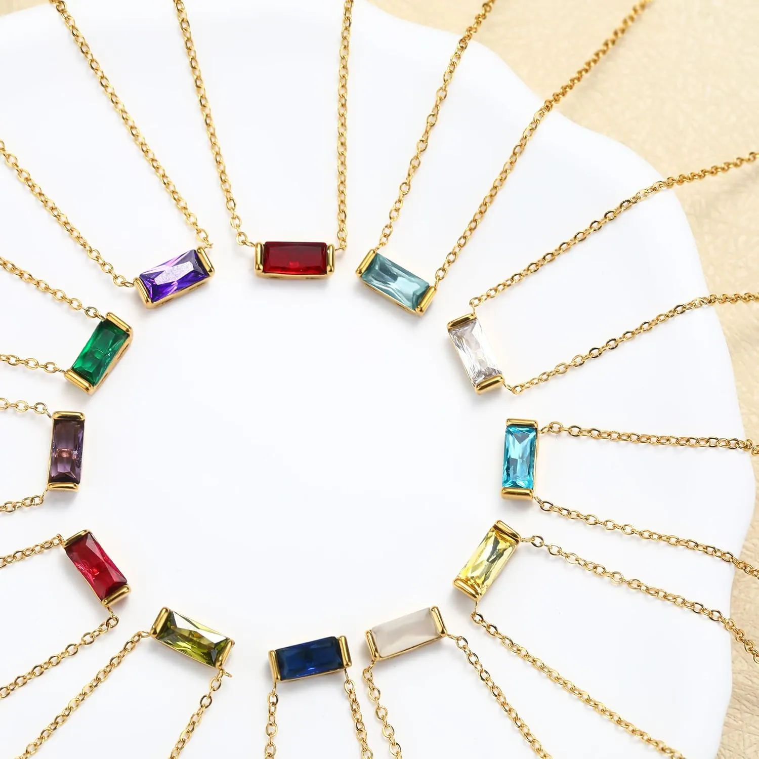 MISS RIGHT Dainty Emerald Cut Diamond Birthstone Necklace 18K Gold Plated for Women Trendy, Cute Baguette Cubic Zirconia Crystal Pendant Necklaces Birthday Gifts