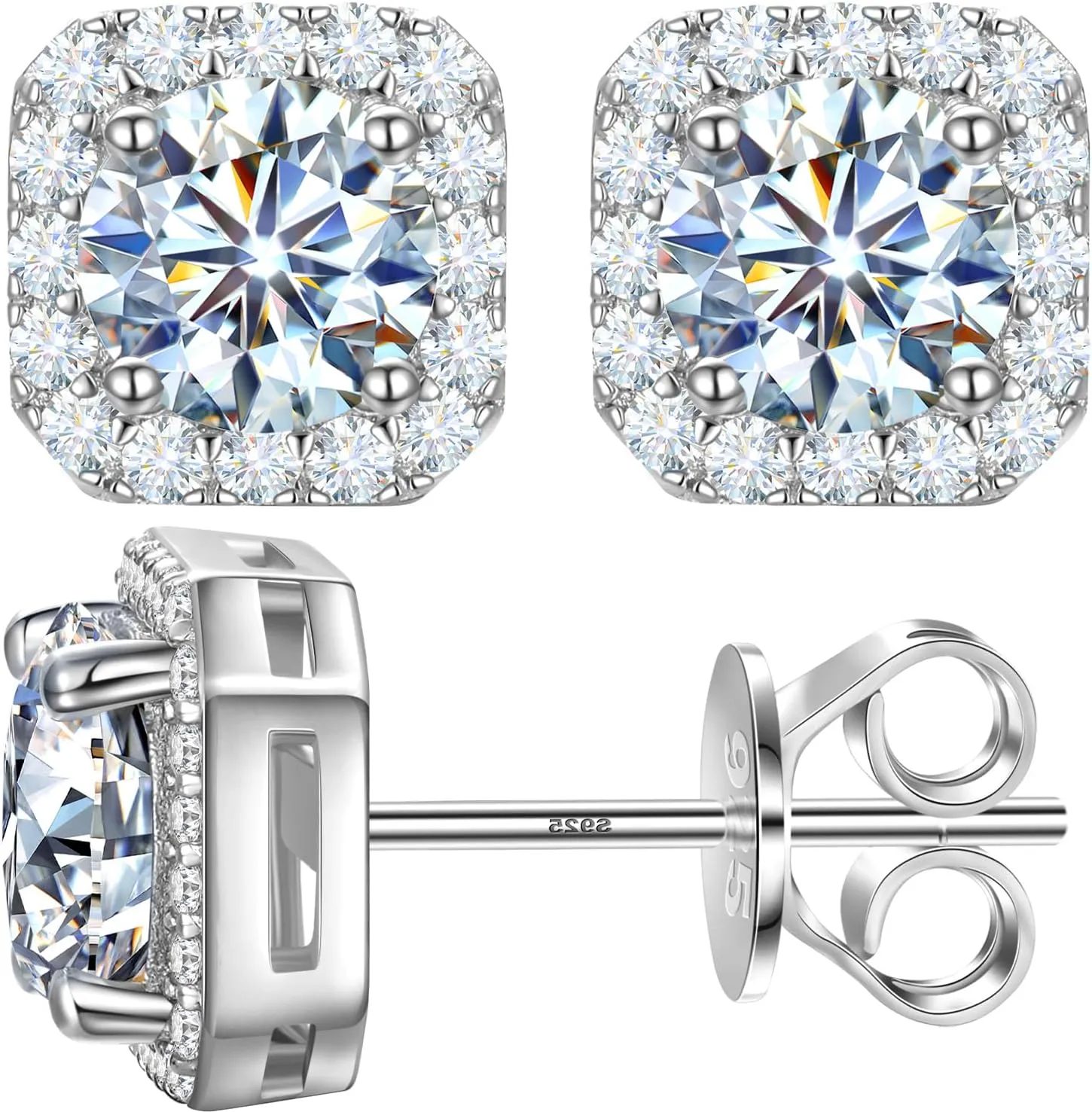 Moissanite Halo Earrings Square 18k Gold Plated 0.56-2.4CT 6-10mm D Color VVS1 Clarity Moissanite Stud Earrings For Women Men Square Stud Earrings 925 Sterling Silver Hypoallergenic Earrings