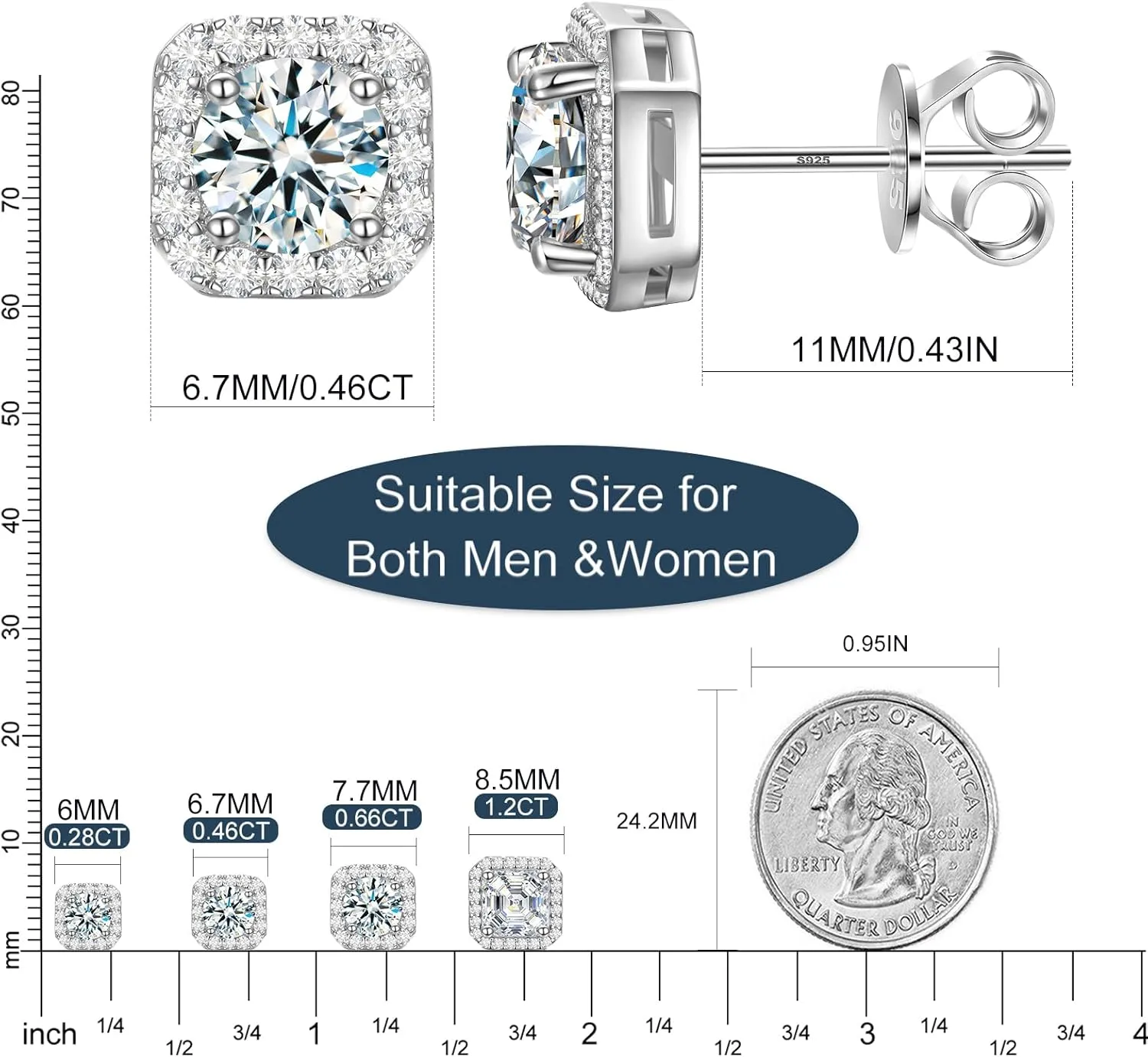 Moissanite Halo Earrings Square 18k Gold Plated 0.56-2.4CT 6-10mm D Color VVS1 Clarity Moissanite Stud Earrings For Women Men Square Stud Earrings 925 Sterling Silver Hypoallergenic Earrings