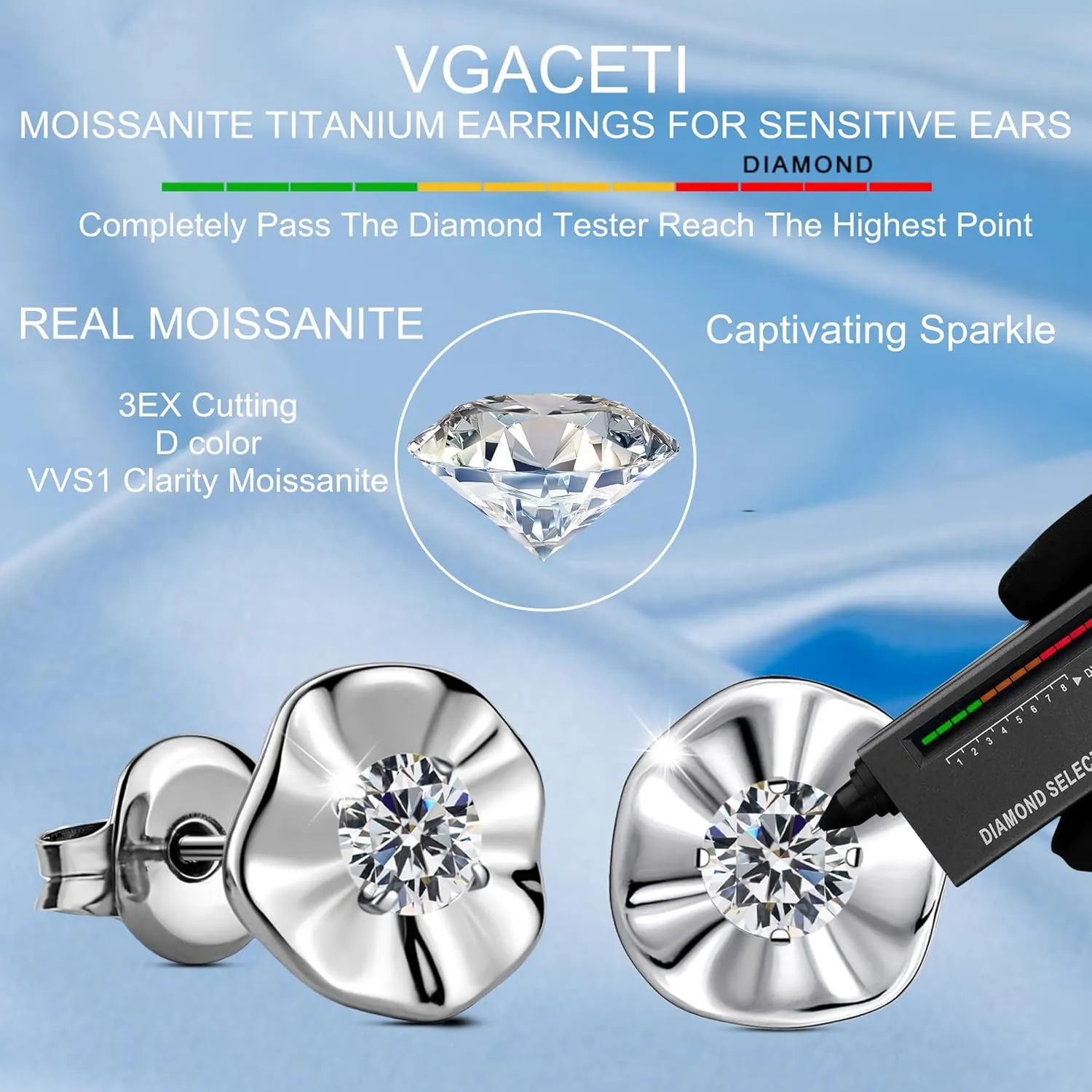 Moissanite Stud Earrings in Pure Titanium Heart/Daisy/Flower, G23 Titanium Earrings for Sensitive Ears Hypoallergenic with 0.6ct D Color VVS1 Round Cut Lab Created Diamond Earrings