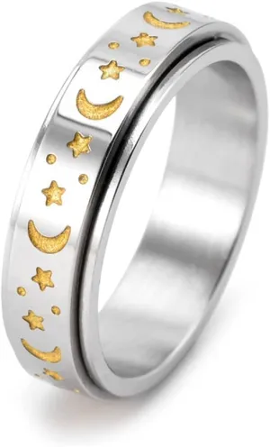 Moon Star Rotatable Titanium Stainless Steel Fidget Band Rings for Women Men Dainty Anti Anxiety Stress Relief Spinner Rings Minimalist Statement Promise Couple Rings Boyfriend Girlfriend Son Daughter Christmas New Year Gifts