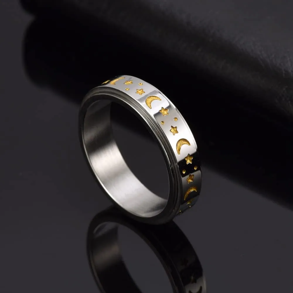 Moon Star Rotatable Titanium Stainless Steel Fidget Band Rings for Women Men Dainty Anti Anxiety Stress Relief Spinner Rings Minimalist Statement Promise Couple Rings Boyfriend Girlfriend Son Daughter Christmas New Year Gifts