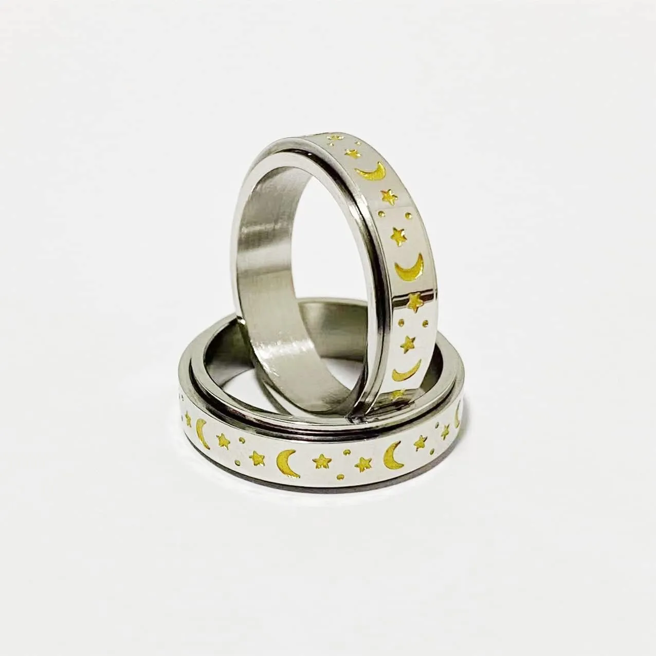 Moon Star Rotatable Titanium Stainless Steel Fidget Band Rings for Women Men Dainty Anti Anxiety Stress Relief Spinner Rings Minimalist Statement Promise Couple Rings Boyfriend Girlfriend Son Daughter Christmas New Year Gifts