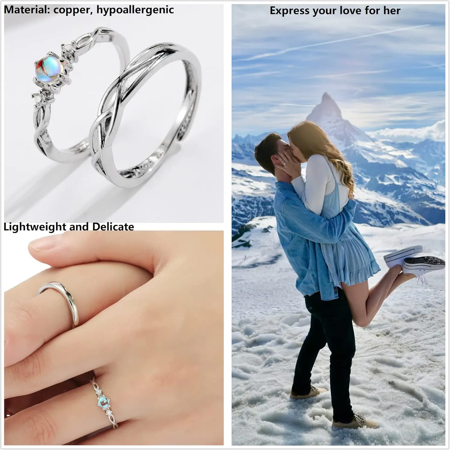 Moonstone Promise Rings for Her Engagement Rings Blue Sandstone Plated with Rhodium Matching Rings for Couples Wedding Bands for Hers Fake Moonstone Rings Set Adjustable Matching Rings Wedding Band