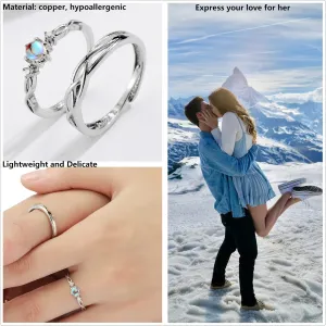 Moonstone Promise Rings for Her Engagement Rings Blue Sandstone Plated with Rhodium Matching Rings for Couples Wedding Bands for Hers Fake Moonstone Rings Set Adjustable Matching Rings Wedding Band