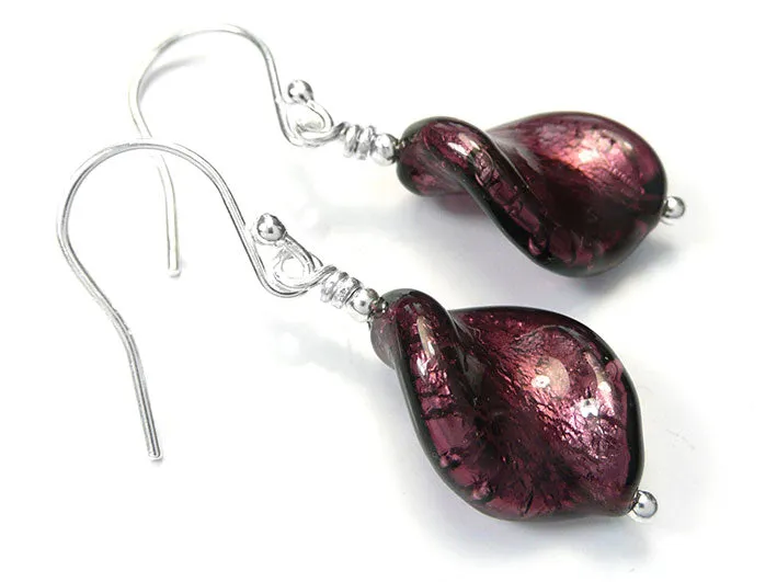 Murano Glass Twist Earrings - Burgundy