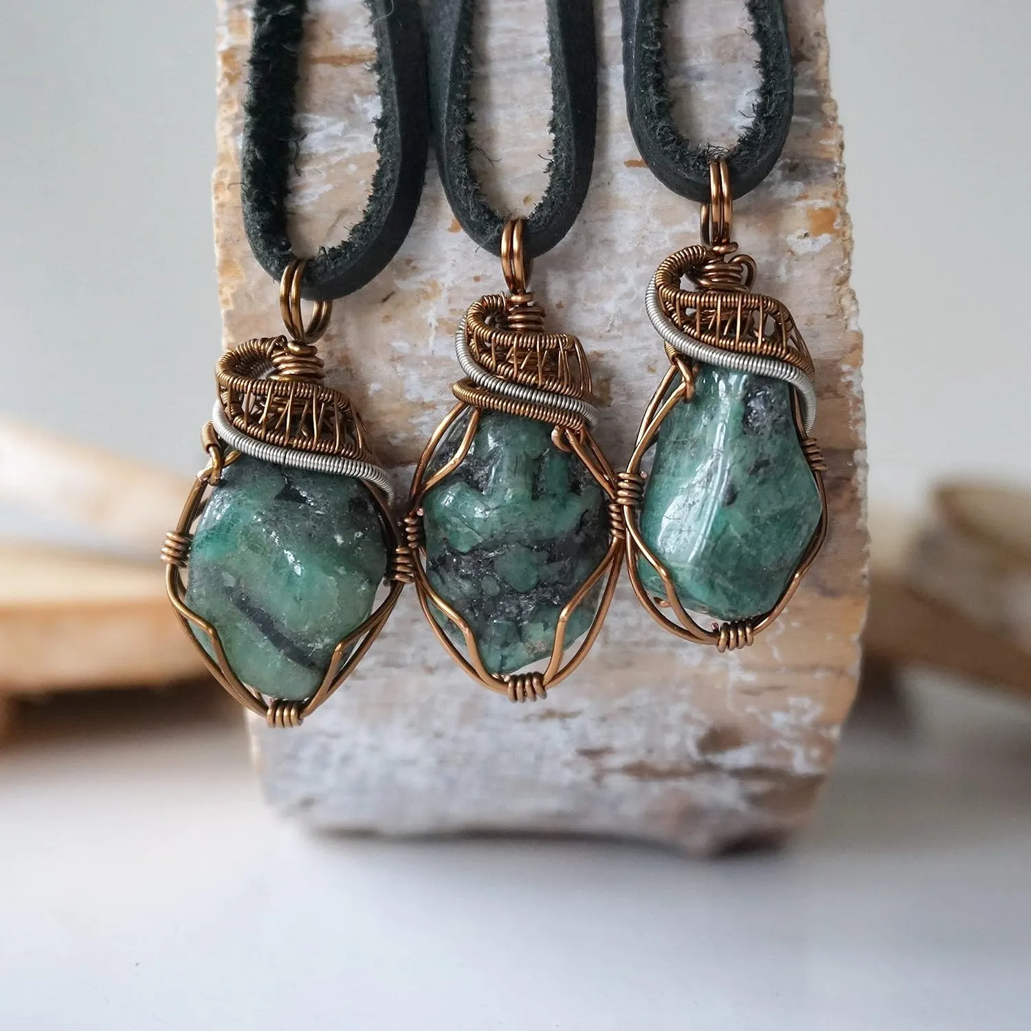 NEW Designs by Nature Gems Handmade Emerald Necklace 24 inch Black Leather Cord Antique Bronze, May Birthstone Jewelry, Handmade in North America