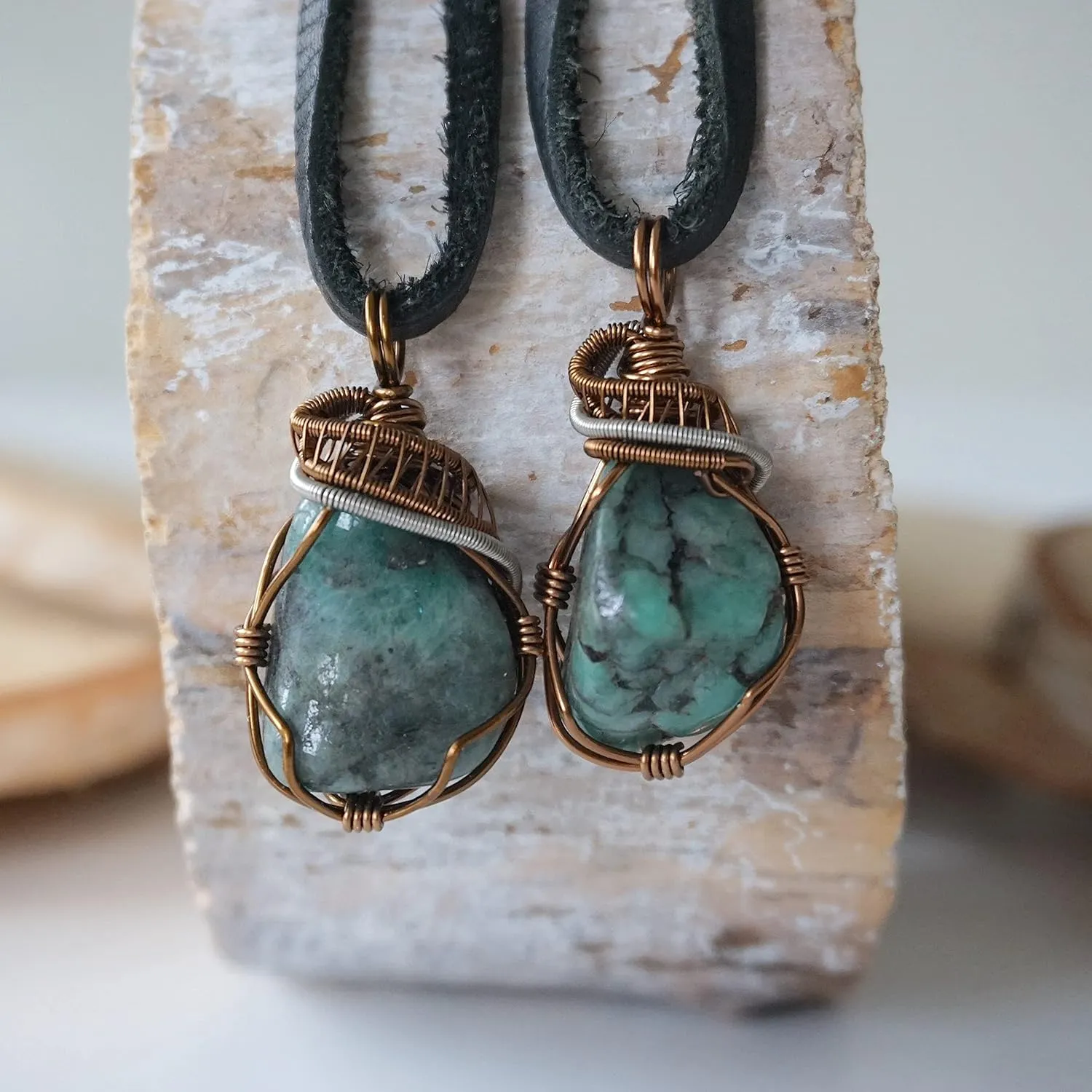 NEW Designs by Nature Gems Handmade Emerald Necklace 24 inch Black Leather Cord Antique Bronze, May Birthstone Jewelry, Handmade in North America