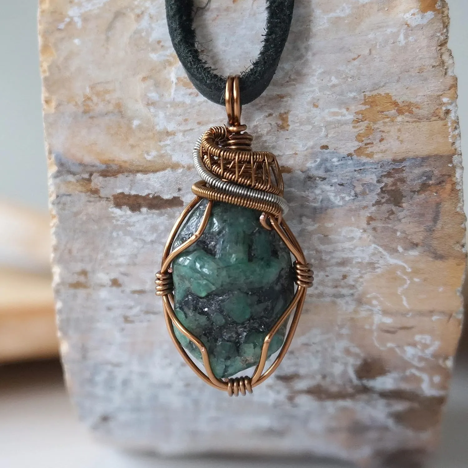 NEW Designs by Nature Gems Handmade Emerald Necklace 24 inch Black Leather Cord Antique Bronze, May Birthstone Jewelry, Handmade in North America