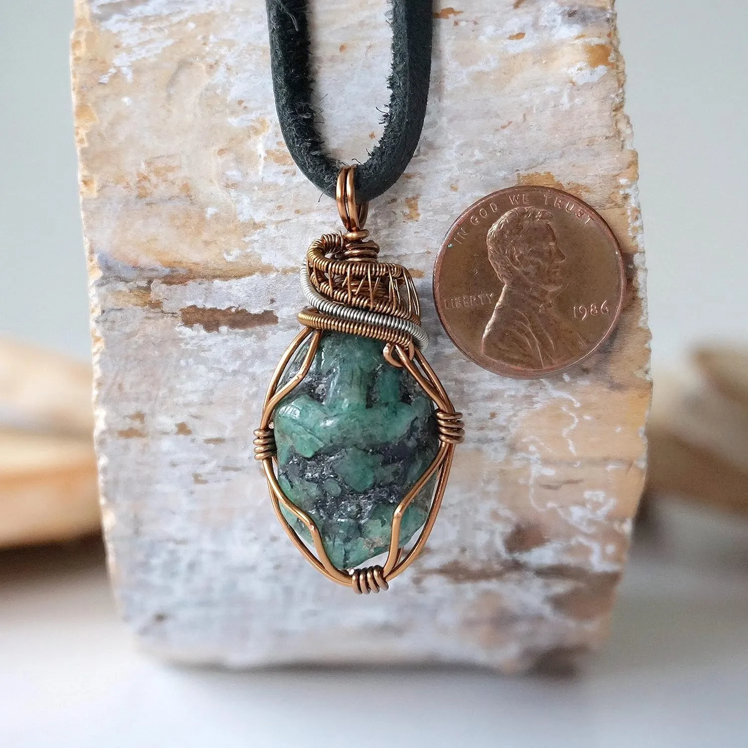 NEW Designs by Nature Gems Handmade Emerald Necklace 24 inch Black Leather Cord Antique Bronze, May Birthstone Jewelry, Handmade in North America