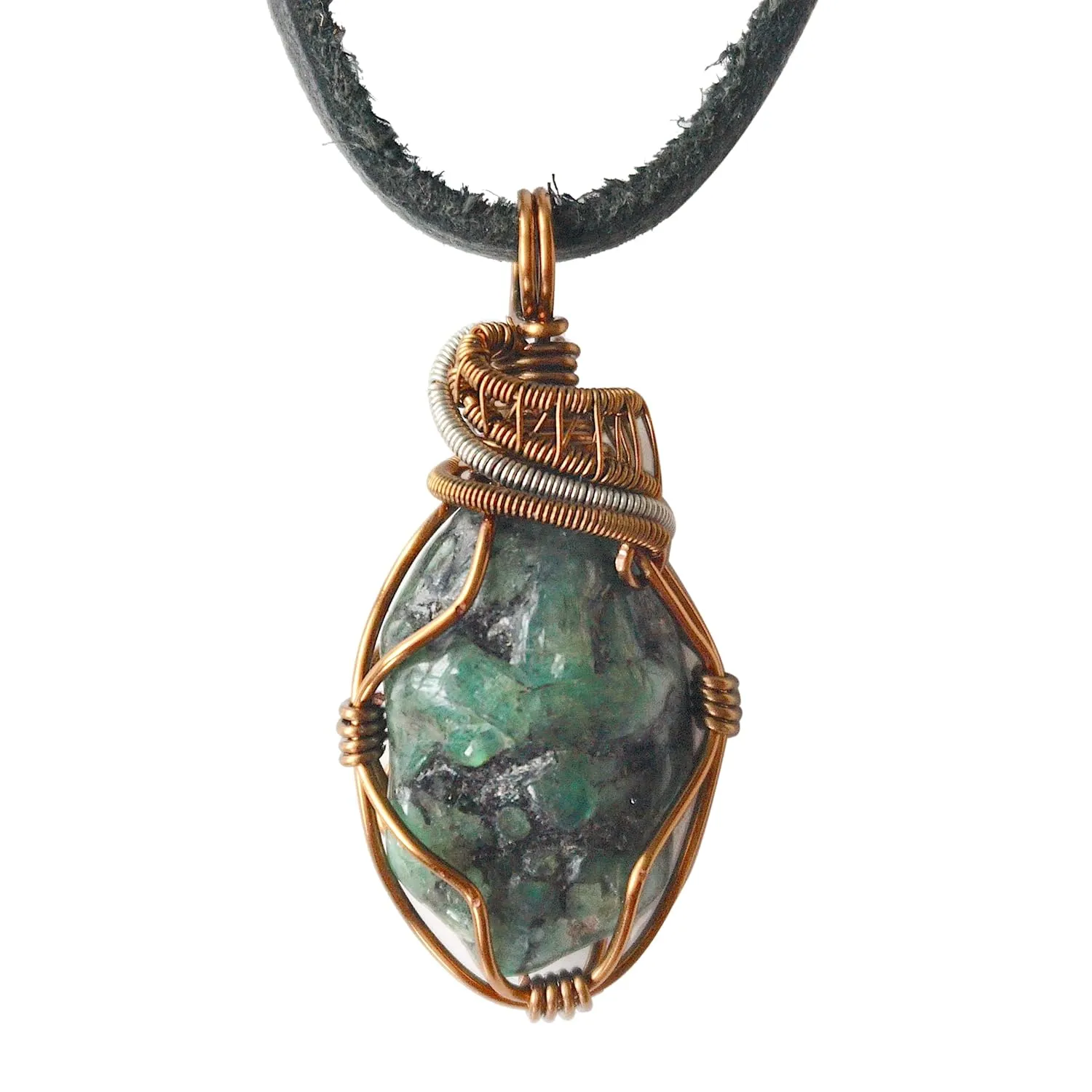 NEW Designs by Nature Gems Handmade Emerald Necklace 24 inch Black Leather Cord Antique Bronze, May Birthstone Jewelry, Handmade in North America