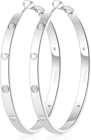 OOOPEL Sterling Silver Hoop Earrings for Women Gold Silver Large Hoops with Zirconia and Heart Engraving Hypoallergenic 4mm Wide Big Hoop Earrings for Women (30/40/50/60mm)