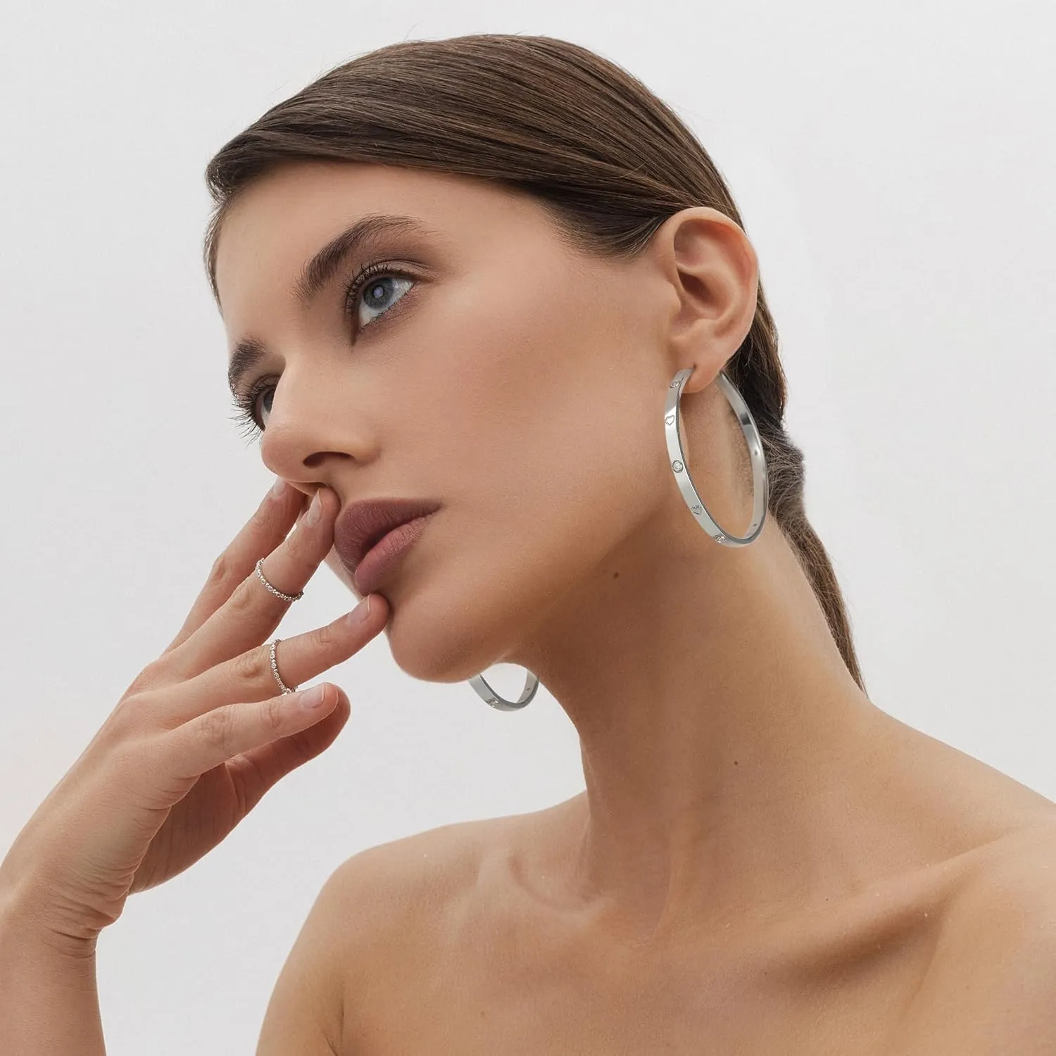 OOOPEL Sterling Silver Hoop Earrings for Women Gold Silver Large Hoops with Zirconia and Heart Engraving Hypoallergenic 4mm Wide Big Hoop Earrings for Women (30/40/50/60mm)