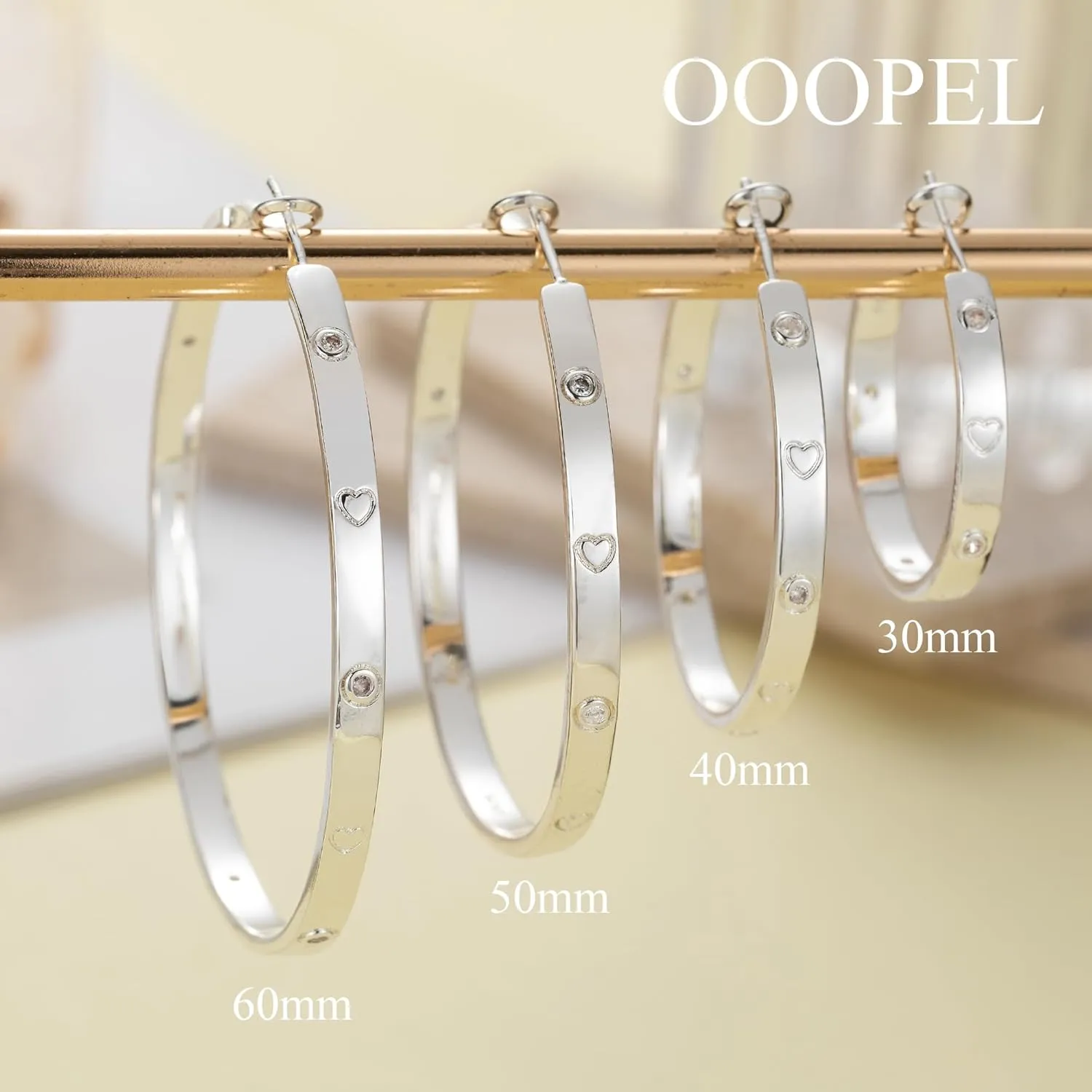 OOOPEL Sterling Silver Hoop Earrings for Women Gold Silver Large Hoops with Zirconia and Heart Engraving Hypoallergenic 4mm Wide Big Hoop Earrings for Women (30/40/50/60mm)