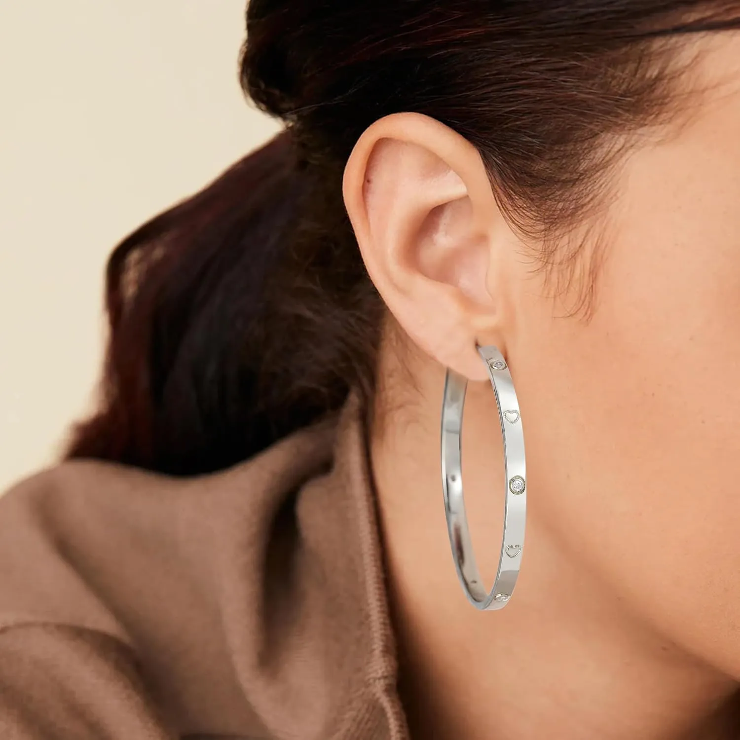 OOOPEL Sterling Silver Hoop Earrings for Women Gold Silver Large Hoops with Zirconia and Heart Engraving Hypoallergenic 4mm Wide Big Hoop Earrings for Women (30/40/50/60mm)