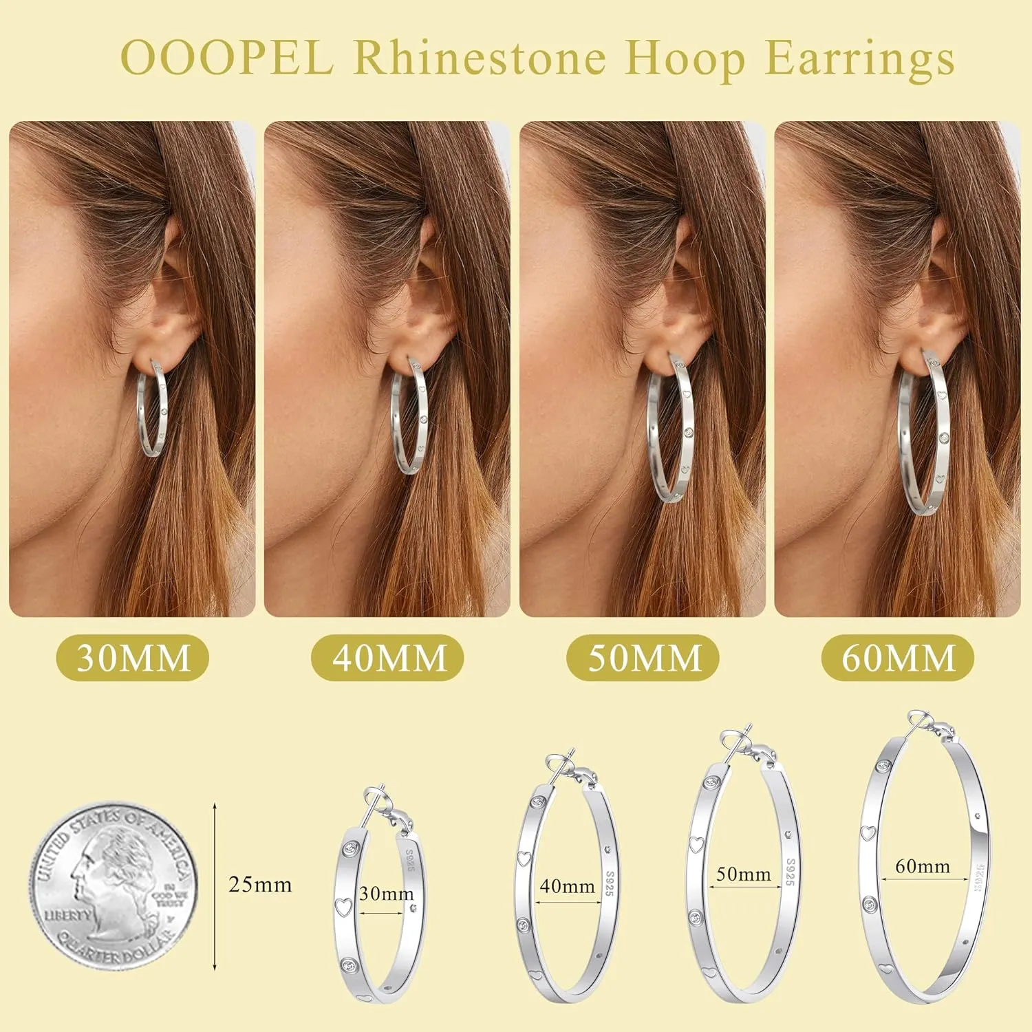 OOOPEL Sterling Silver Hoop Earrings for Women Gold Silver Large Hoops with Zirconia and Heart Engraving Hypoallergenic 4mm Wide Big Hoop Earrings for Women (30/40/50/60mm)