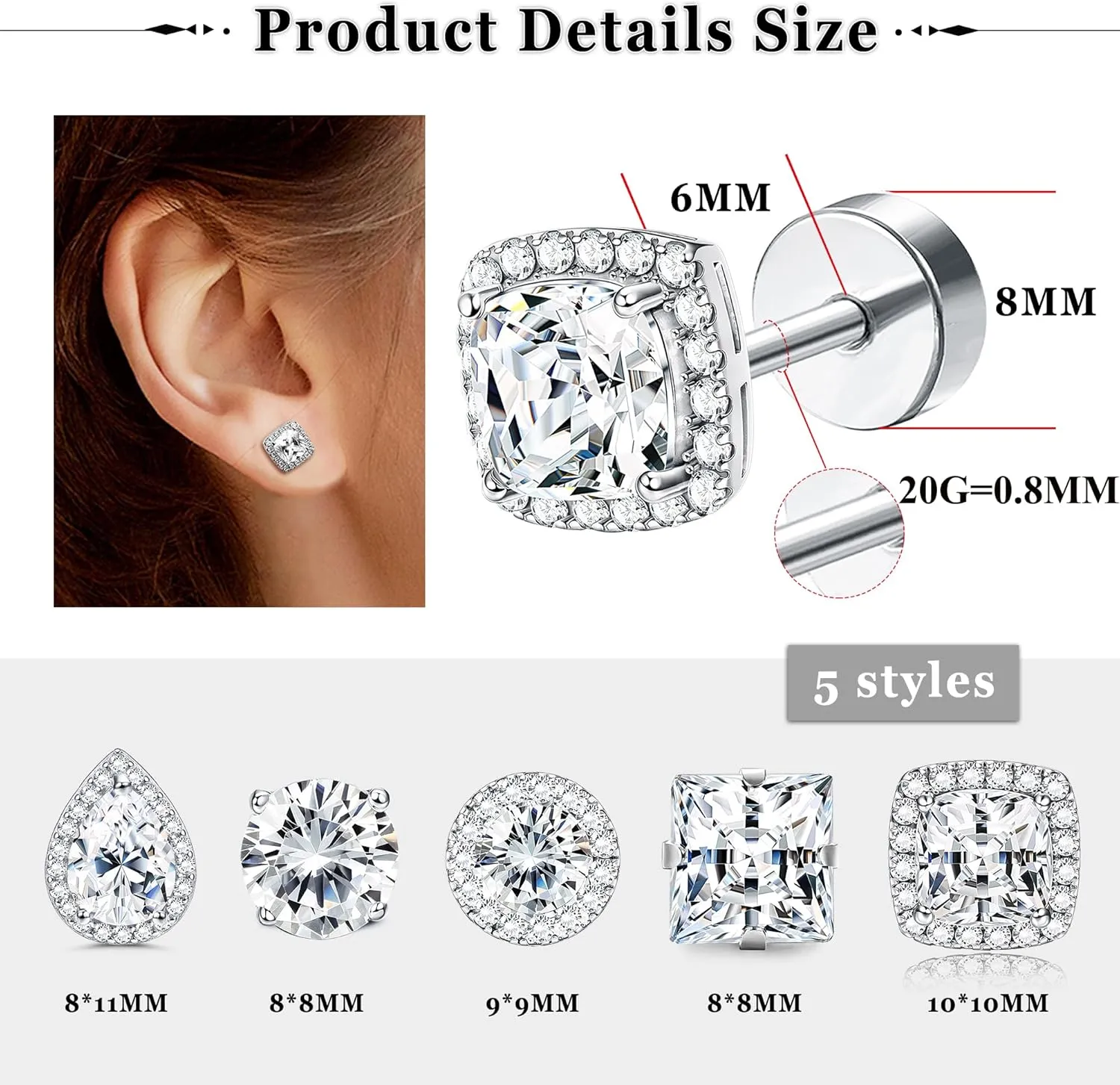 ORAZIO 5 Pairs Flat Back Stud Earrings 20G/18G Surgical Steel Cubic Zirconia Stud Earrings with Screw Backs for Women Square Teardrop Halo Earrings Studs Cartilage Ear Stud Piercing Flat Back Earrings Gold/Silver Tone