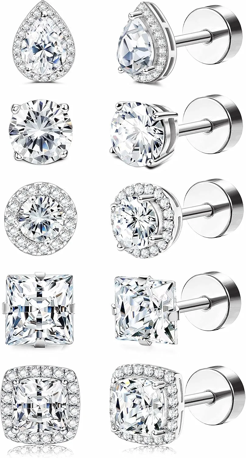 ORAZIO 5 Pairs Flat Back Stud Earrings 20G/18G Surgical Steel Cubic Zirconia Stud Earrings with Screw Backs for Women Square Teardrop Halo Earrings Studs Cartilage Ear Stud Piercing Flat Back Earrings Gold/Silver Tone
