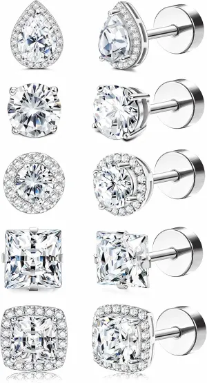 ORAZIO 5 Pairs Flat Back Stud Earrings 20G/18G Surgical Steel Cubic Zirconia Stud Earrings with Screw Backs for Women Square Teardrop Halo Earrings Studs Cartilage Ear Stud Piercing Flat Back Earrings Gold/Silver Tone