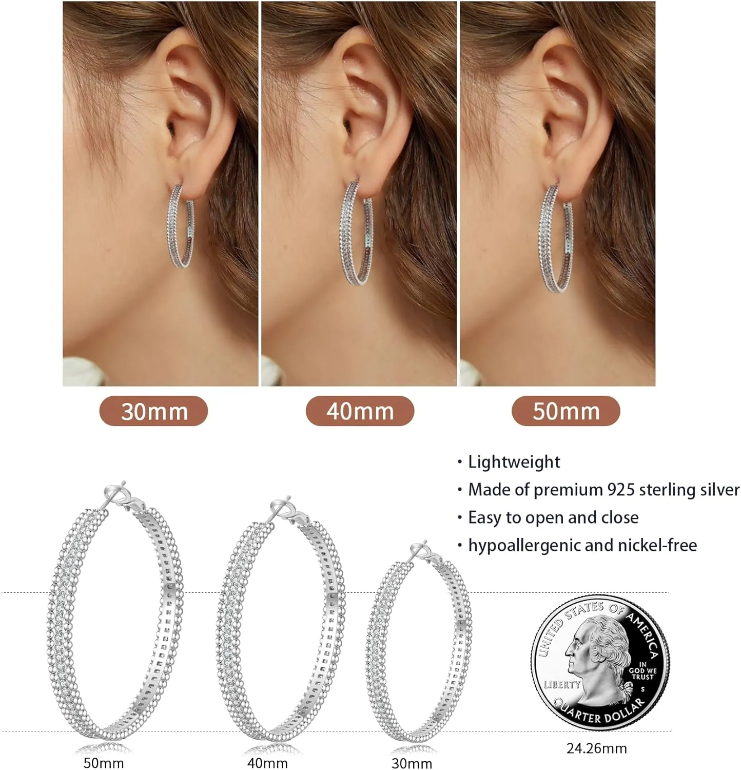 PABBEU 925 Sterling Silver Hoop Earrings, Hypoallergenic Silver Hoop Earrings for Women Lightweight Gold Hoop Earrings, Fashion Rhinestone Cubic Zirconia Large Hoop Earrings 30MM/40MM/50MM