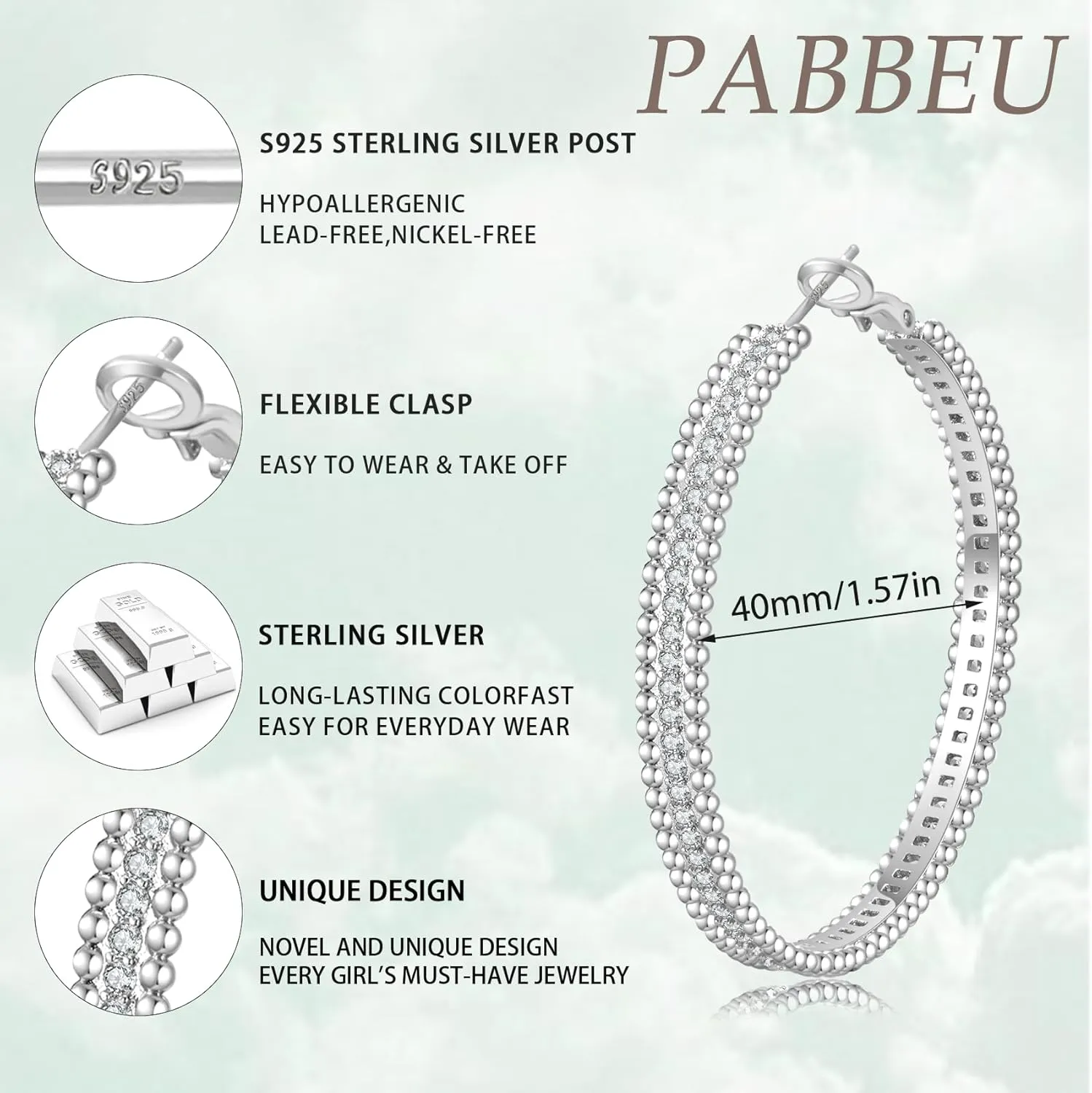 PABBEU 925 Sterling Silver Hoop Earrings, Hypoallergenic Silver Hoop Earrings for Women Lightweight Gold Hoop Earrings, Fashion Rhinestone Cubic Zirconia Large Hoop Earrings 30MM/40MM/50MM