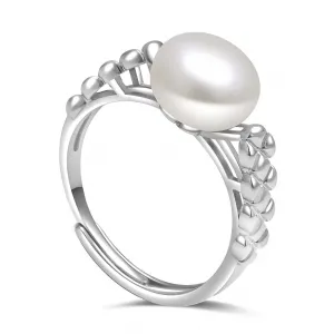 Pearl Ring, Silver Rings for Women Adjustable, June Birthstone Rings for Women with Real Round Genuine Freshwater Pearl. (White)