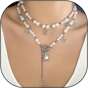 Pearl Star Layered Necklace for Women,Punk Silver Multi-Layer Stackable Star Pendant Choker Necklace,Pearl Beaded Toggle Clasp Chain Necklace