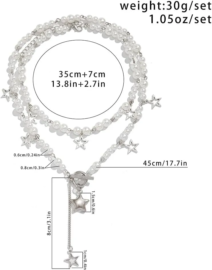 Pearl Star Layered Necklace for Women,Punk Silver Multi-Layer Stackable Star Pendant Choker Necklace,Pearl Beaded Toggle Clasp Chain Necklace