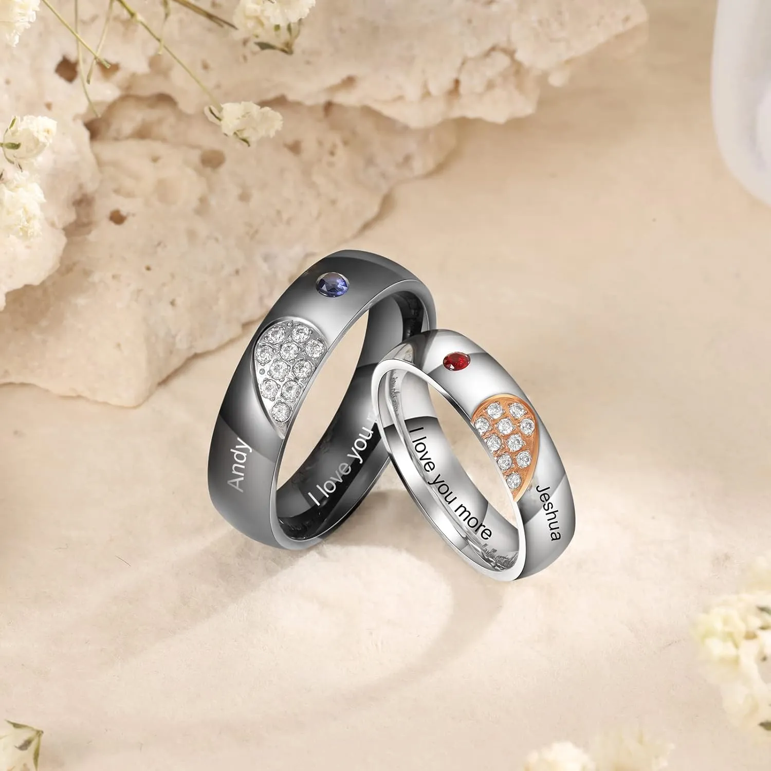 Personalized Couples Rings - Matching Promise Rings for Him & Her - Wedding Engagement Band Sets