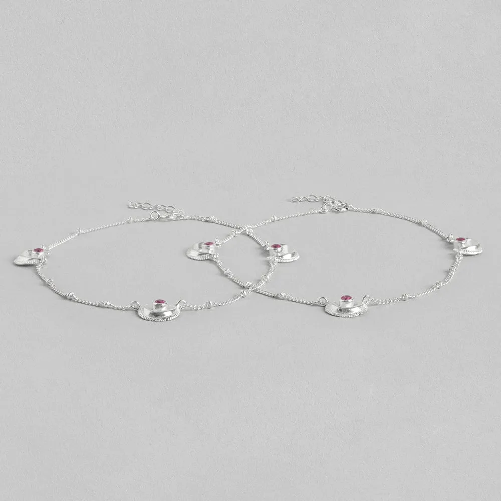 Pink stone Silver Anklet