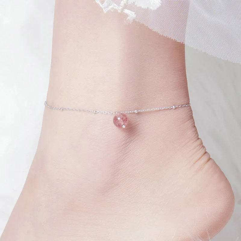 Pink Strawberry Crystal Anklet Sterling Silver S925 Platinum Plated