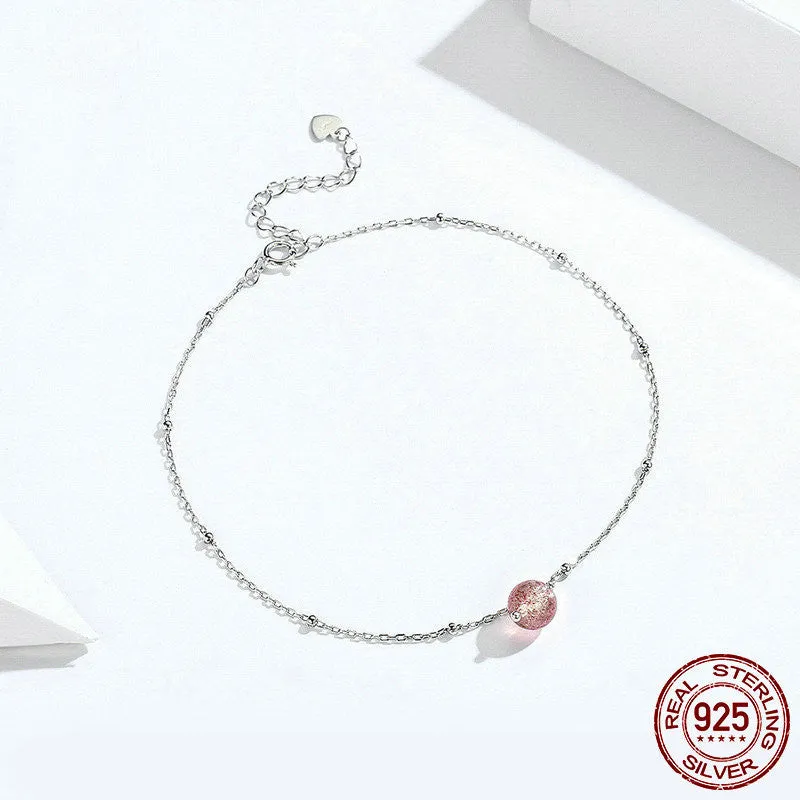 Pink Strawberry Crystal Anklet Sterling Silver S925 Platinum Plated