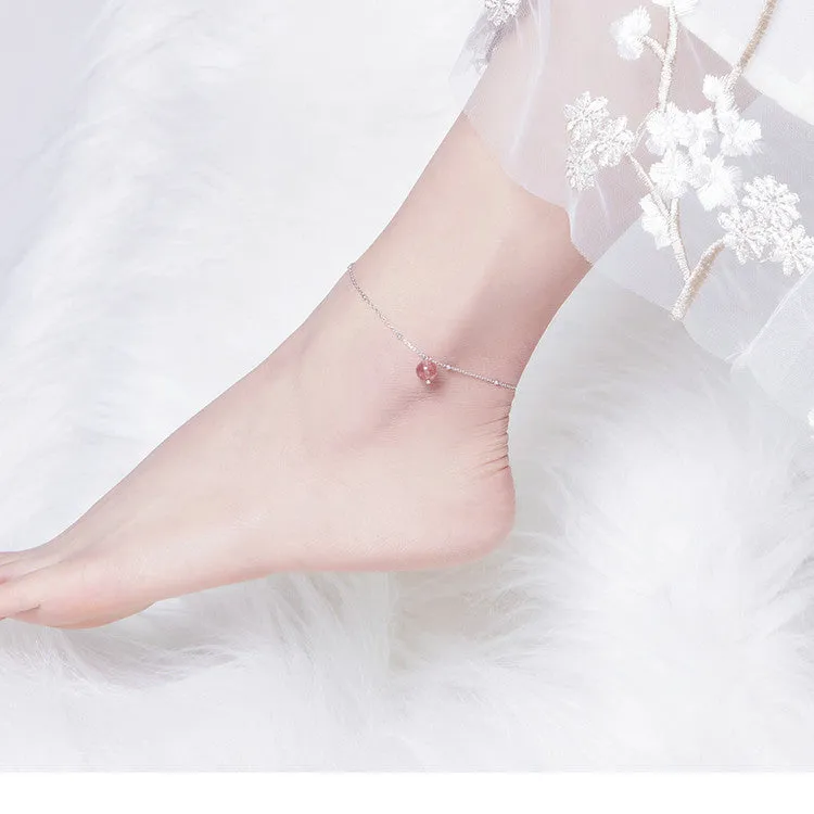 Pink Strawberry Crystal Anklet Sterling Silver S925 Platinum Plated