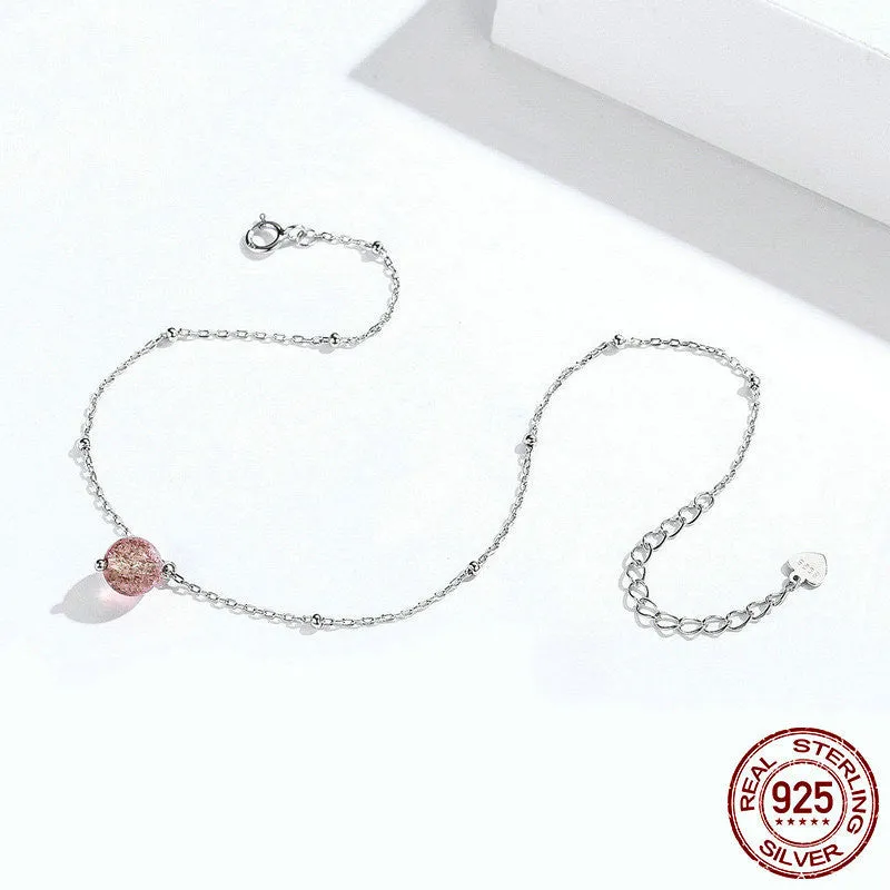 Pink Strawberry Crystal Anklet Sterling Silver S925 Platinum Plated