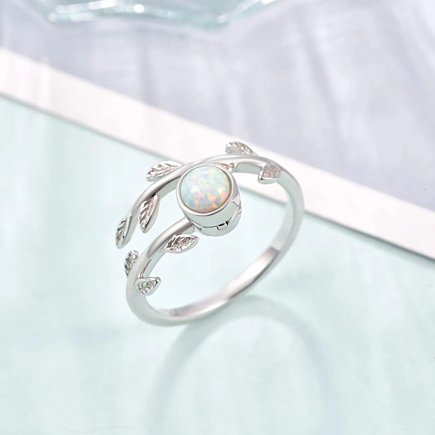 PRAYMOS Anxiety Rings Sterling Silver Fidget Spin Rings for Anxiety for Women Adjustable Open Stress Relief Ring Opal Moonstone Leaf Rings