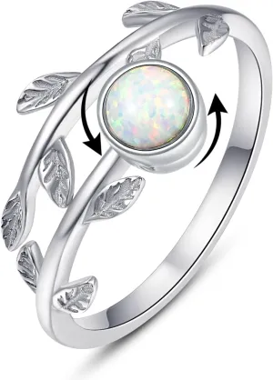 PRAYMOS Anxiety Rings Sterling Silver Fidget Spin Rings for Anxiety for Women Adjustable Open Stress Relief Ring Opal Moonstone Leaf Rings