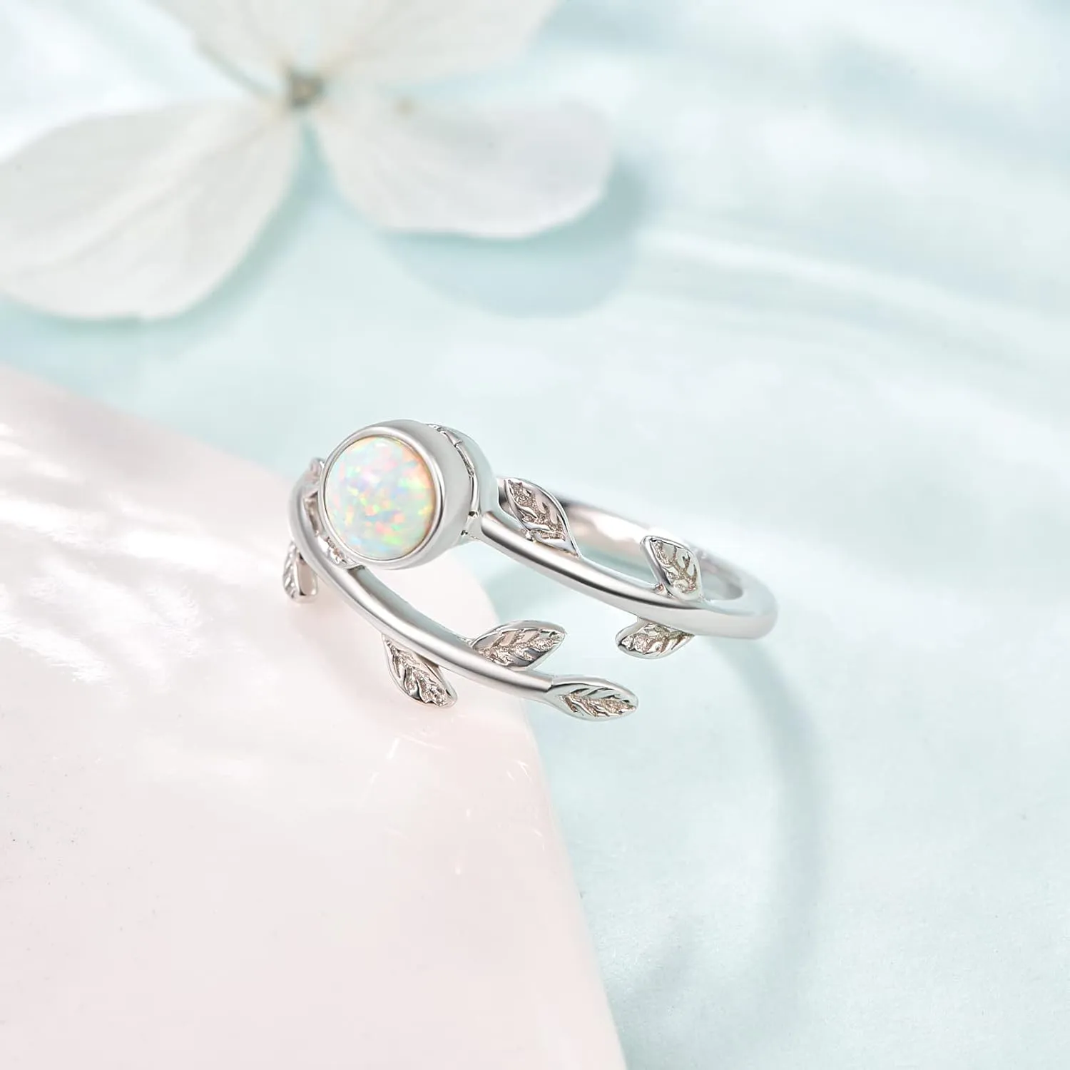 PRAYMOS Anxiety Rings Sterling Silver Fidget Spin Rings for Anxiety for Women Adjustable Open Stress Relief Ring Opal Moonstone Leaf Rings