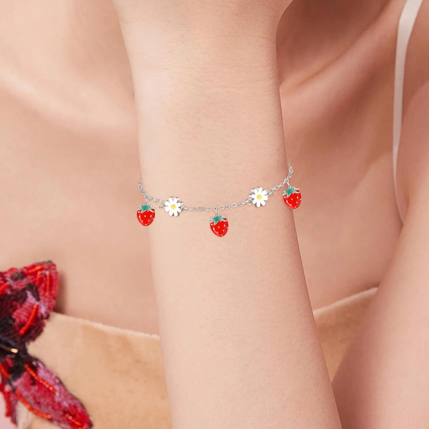 PRAYMOS Mushroom/Strawberry/Pomegranate Bracelets 925 Sterling Silver Bracelets for Women Fruit Bracelets Novelty Fun Jewelry Gifts