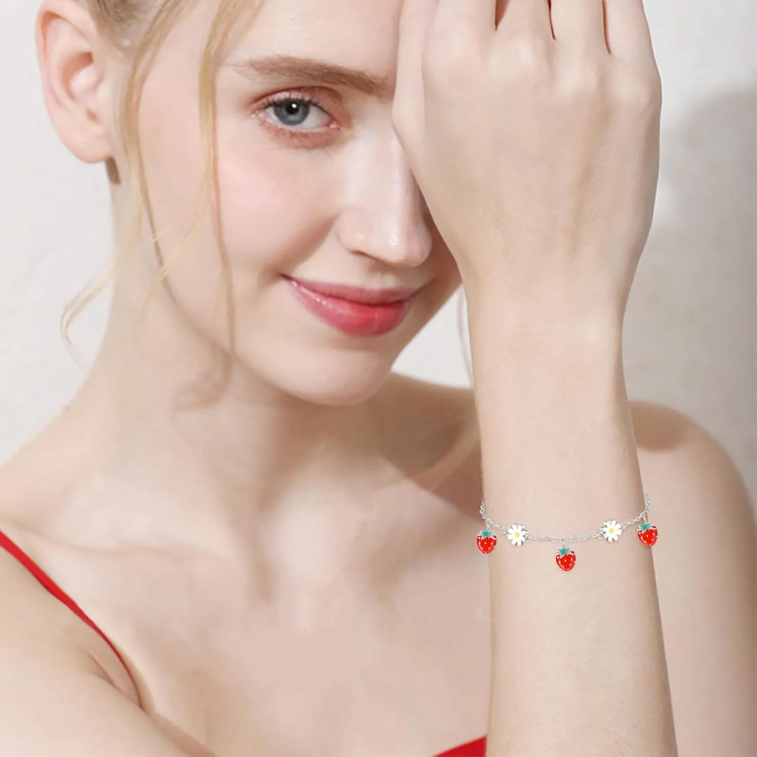 PRAYMOS Mushroom/Strawberry/Pomegranate Bracelets 925 Sterling Silver Bracelets for Women Fruit Bracelets Novelty Fun Jewelry Gifts