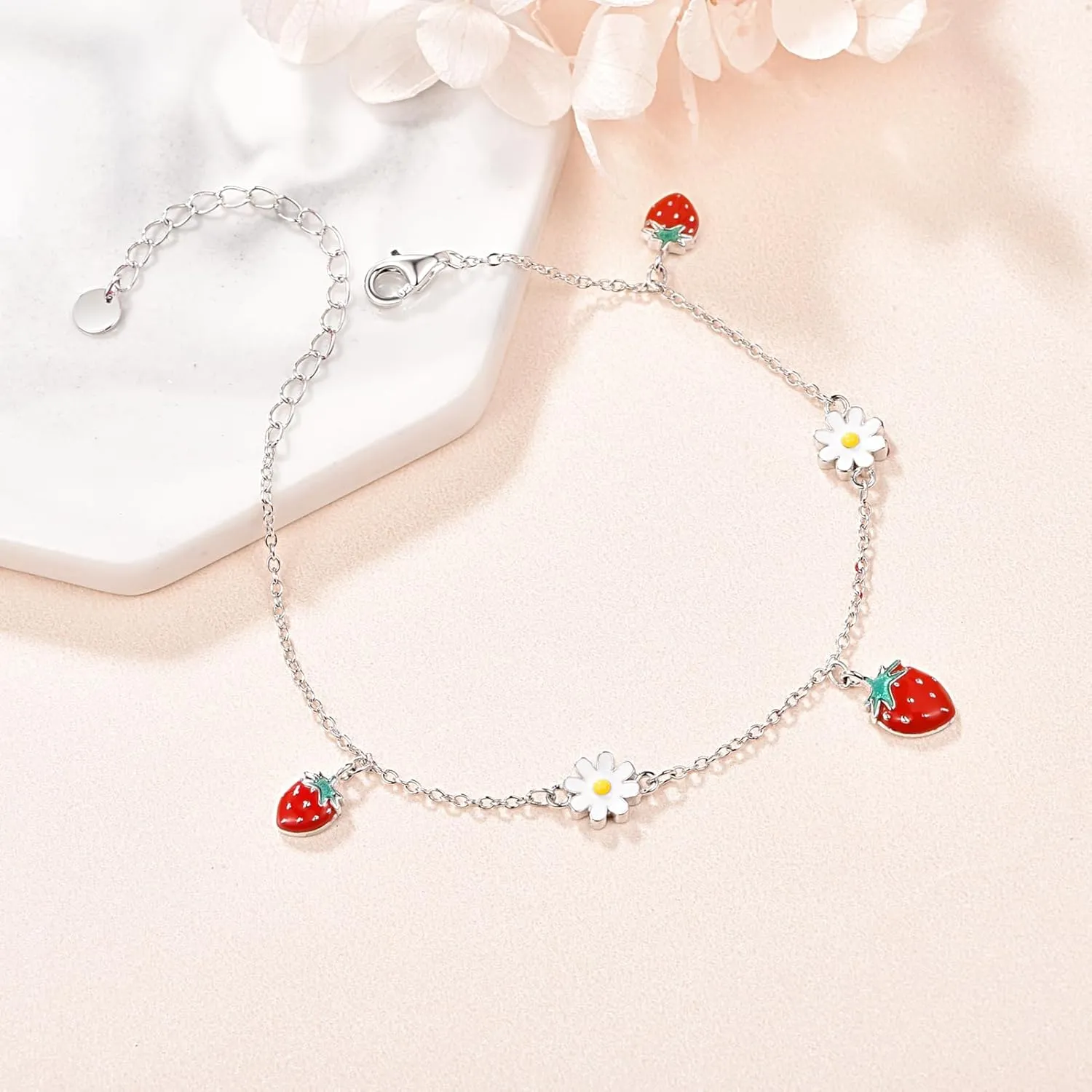PRAYMOS Mushroom/Strawberry/Pomegranate Bracelets 925 Sterling Silver Bracelets for Women Fruit Bracelets Novelty Fun Jewelry Gifts