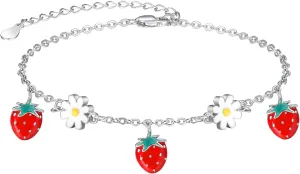 PRAYMOS Mushroom/Strawberry/Pomegranate Bracelets 925 Sterling Silver Bracelets for Women Fruit Bracelets Novelty Fun Jewelry Gifts