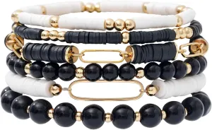 Preppy Surfer Heishi Clay Bead Stretch Bracelets for Women Stackable Gold Pearl Evil Eye Beaded Bracelets Boho Summer Beach Bracelets Jewelry for Women