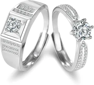 Promise Ring Couple, Womens Sterling Silver Rings with Silver Halo Design Couple Adjustable Band Jewelry Gift