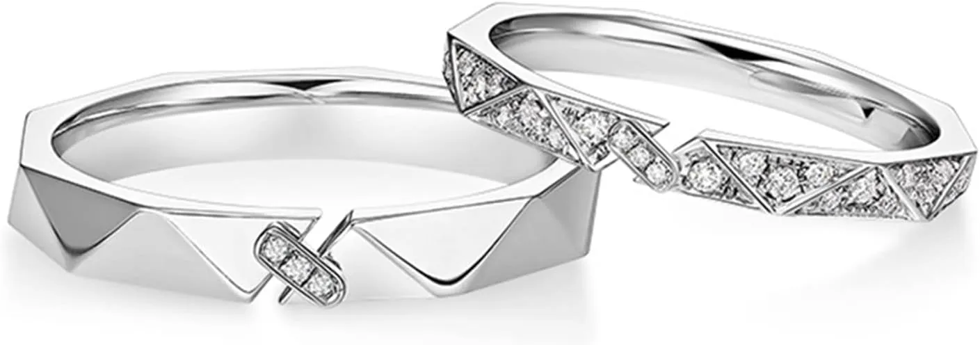 Promise Rings for Couples Silver 925, Wedding Anniversary Rings for Couples Personalized Adjustable Multi-Facted Ring with Cubic Zirconia