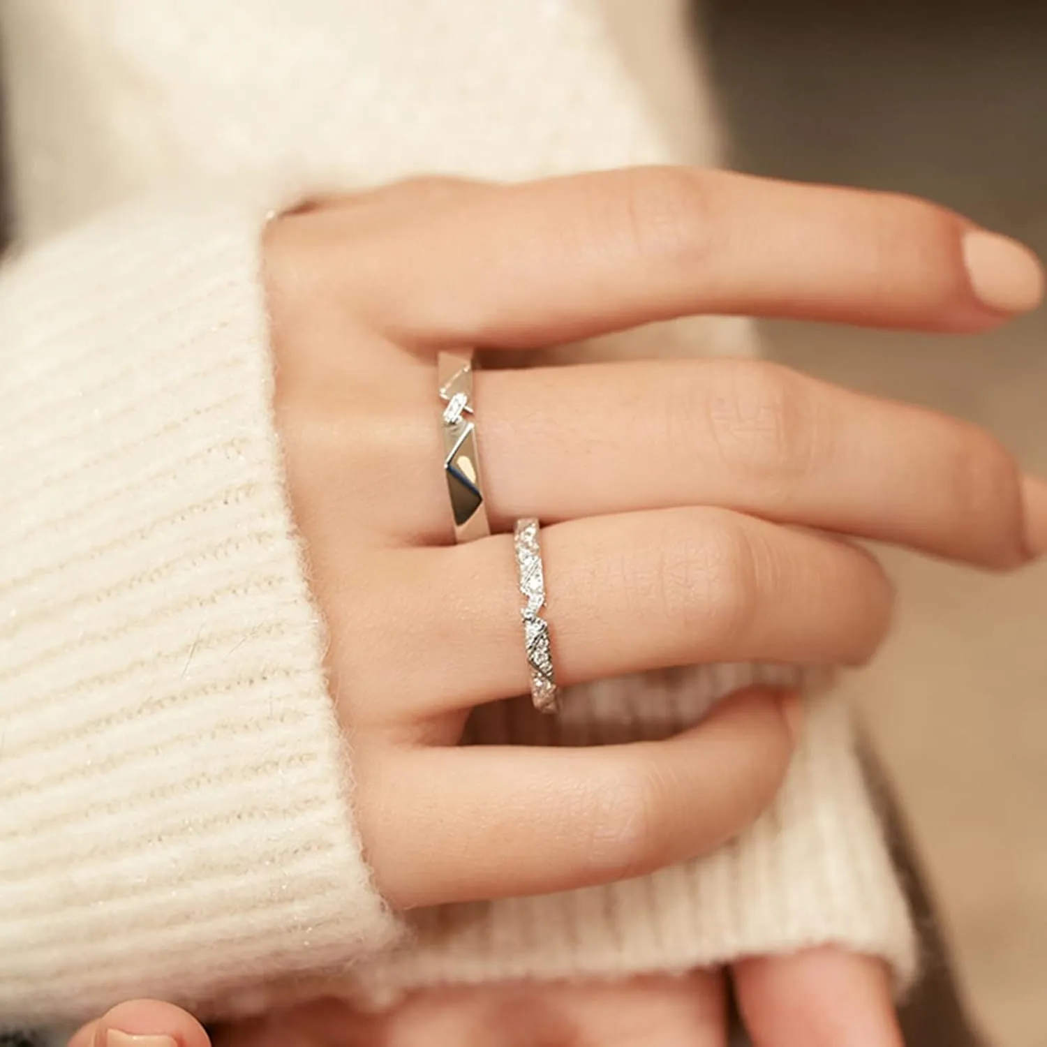 Promise Rings for Couples Silver 925, Wedding Anniversary Rings for Couples Personalized Adjustable Multi-Facted Ring with Cubic Zirconia