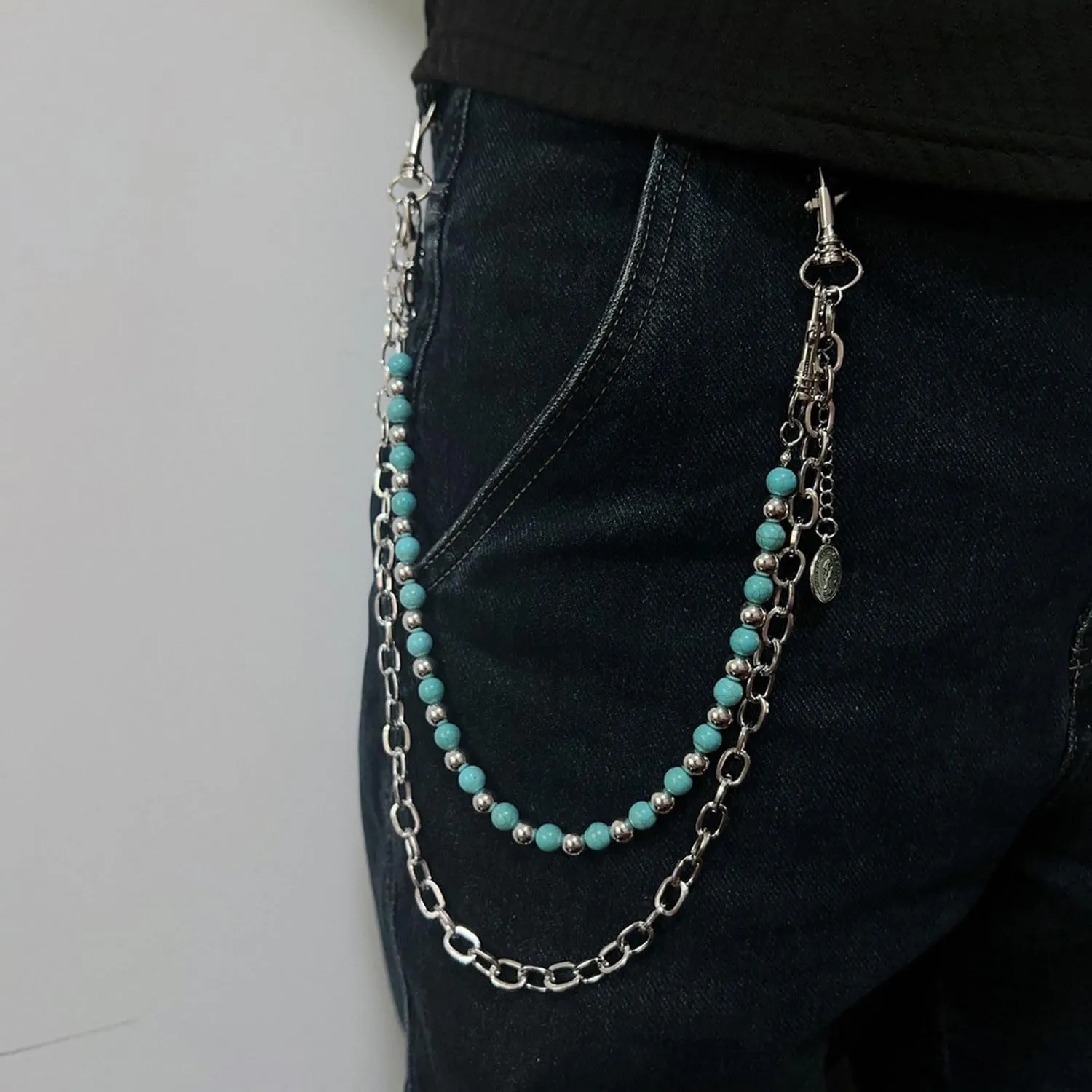 Punk Layered Pants Chain for Men Layered Silver Coin Beaded Wallet Chain Goth Hip Hop Jean Pocket Chains Punk Wallet Pocket Accessories for Women and Men